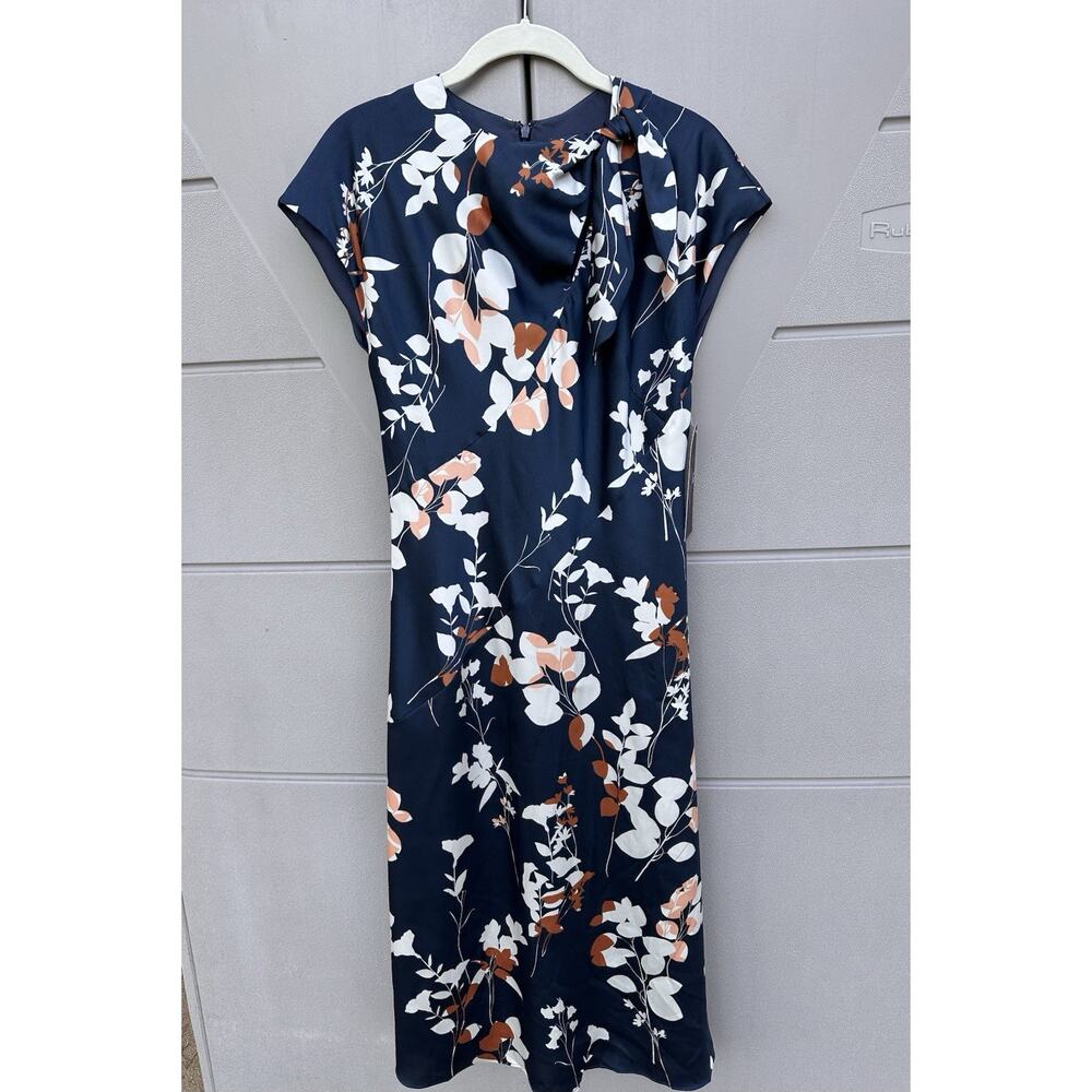 ML Monique Lhuillier Floral Satin Sheath Dress sz 4 Classic Preppy Wedding Guest
